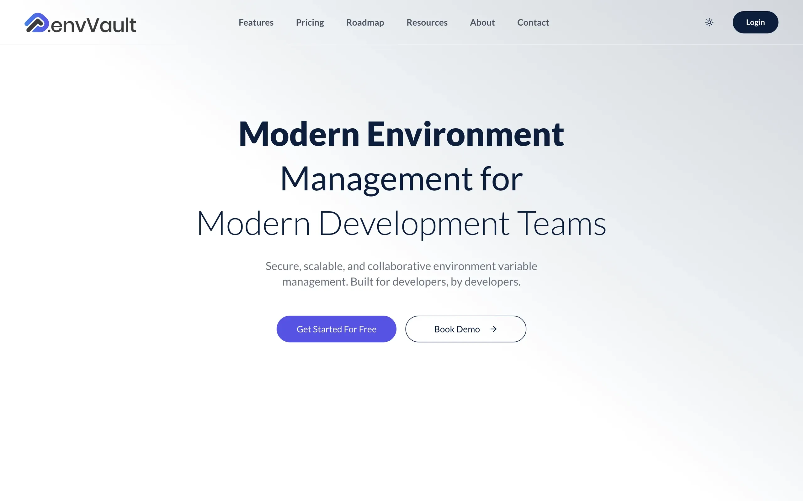 The EnvVault website: “Modern environment management for modern development teams”, with Get started and Book demo buttons.