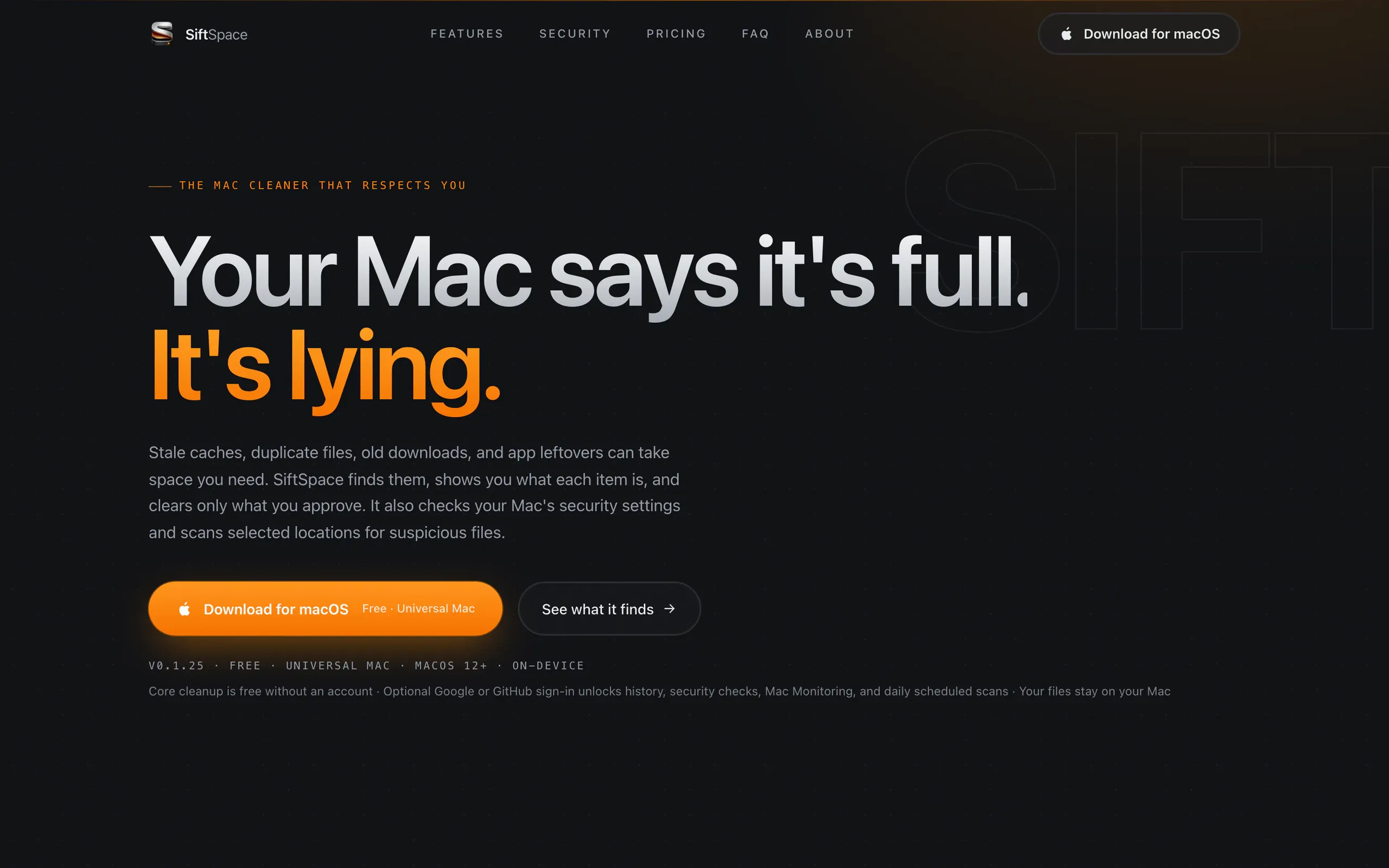 The SiftSpace website: the headline “Your Mac says it’s full. It’s lying.” above a download button for macOS.